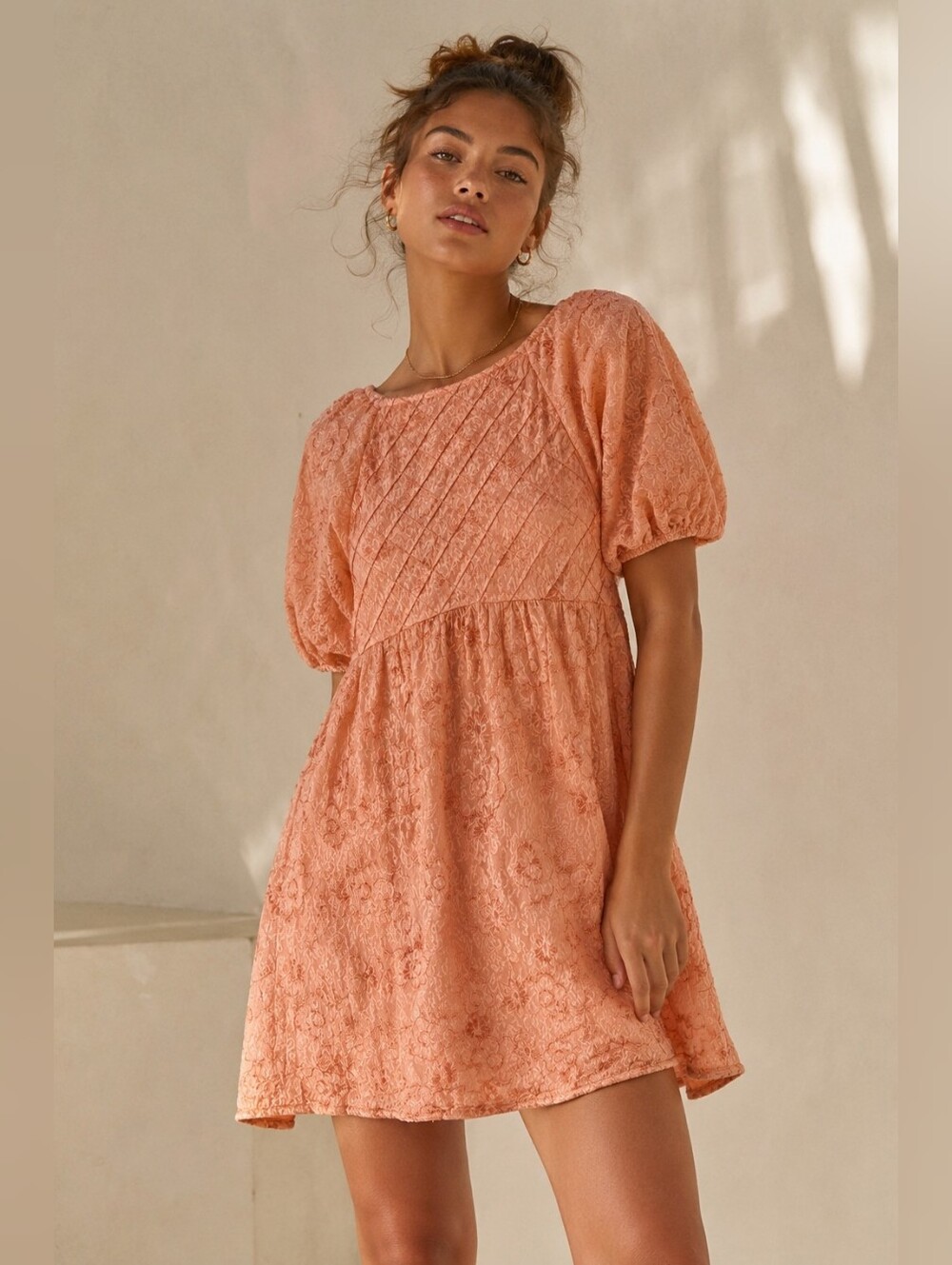 KIMCHI BLUE Astrid Embroidered Babydoll Dress in Coral